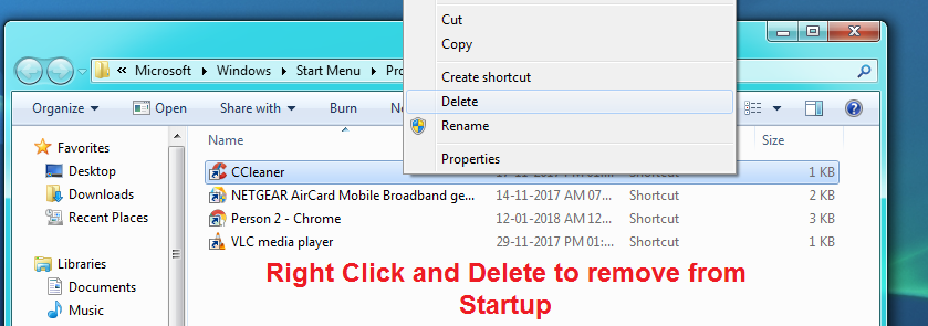Right Click and remove startup programs in windows 7
