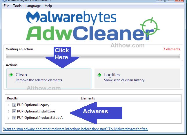 Click Clean to remove Adware