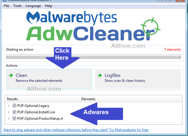 Click Clean to remove Adware