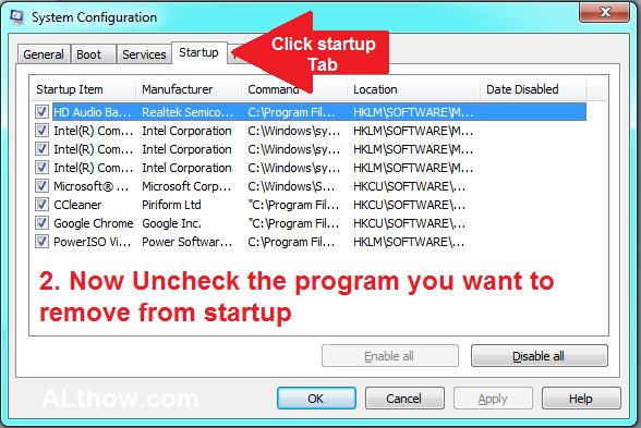 Remove program from startup with system configuration utility