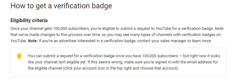 Eligibility criteria to get verified badge on youtube