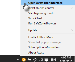 Avast user interface