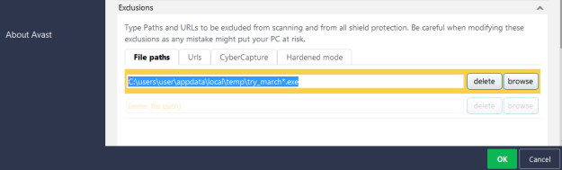 add exception in avast