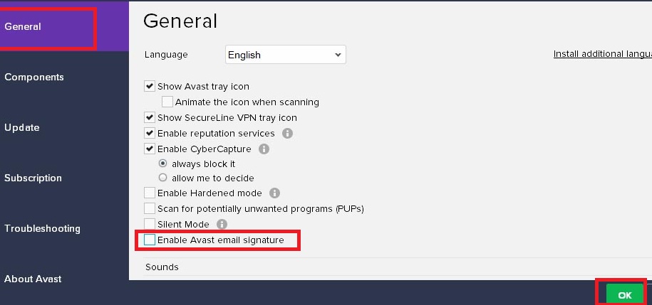 Disable avast email signature